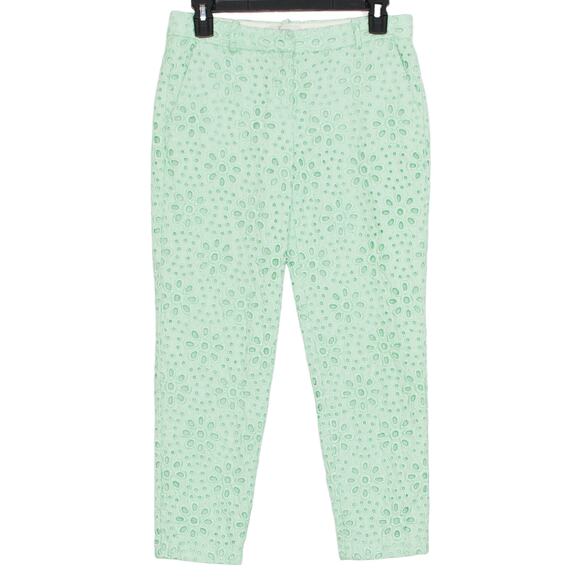 J Crew Pants Cafe Crop Pinwheel Eyelet Minimalist Pastel Boho Glam Luxe Green 00 - Picture 1 of 4